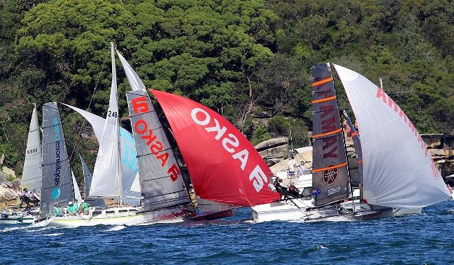 Battling the traffic - 2015 JJ Giltinan 18ft Skiff Championship © Frank Quealey /Australian 18 Footers League http://www.18footers.com.au